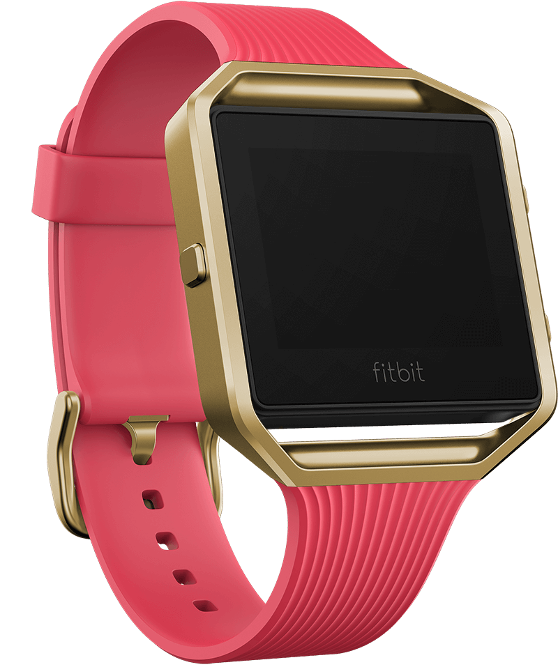 The Fitbit Blaze, which has a square digital screen with rounded edges, pictured in gold and pink.