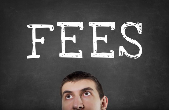 Man's head looking concerned in front of blackboard on which is written "Fees"