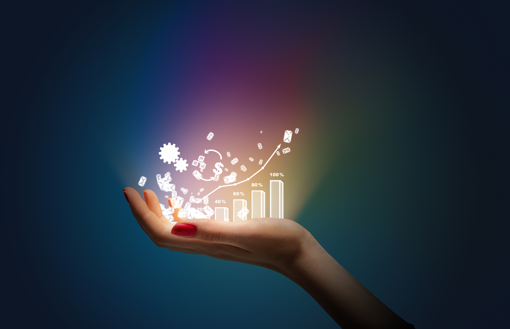 A chart of financial gains growing out of a woman's hand.