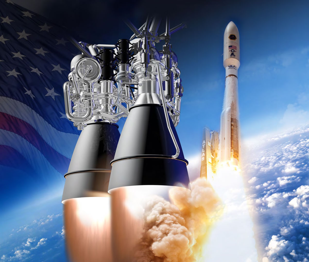 AR-1 rocket engine, against a stylized background with a blue sky, rocket, and American flag