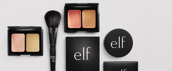 A display of beauty products with the elf logo on them.