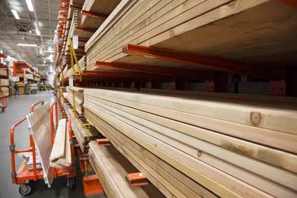 Lumber stacked in a a home improvement store.
