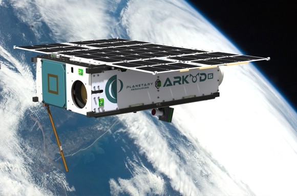 An Arkyd-6 spacecraft with Earth in background.