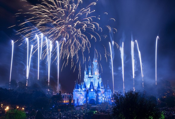 Fireworks display at Disney theme park.