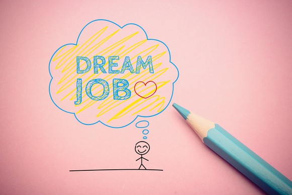 A pencil lay next to a thought bubble over a smiling stick figure that says "dream job."