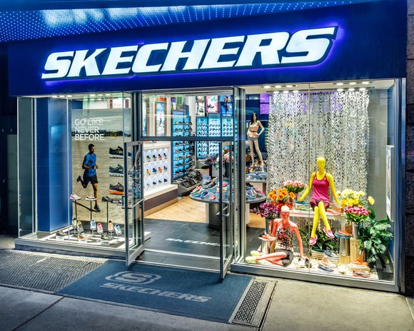A brightly colored Skechers storefront.