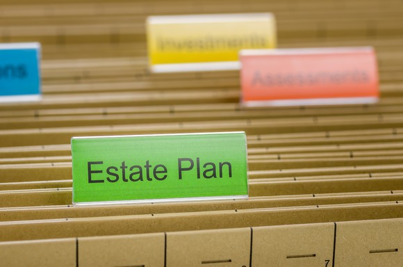 Folders in a filing cabinet, with front folder labeled "estate plan."