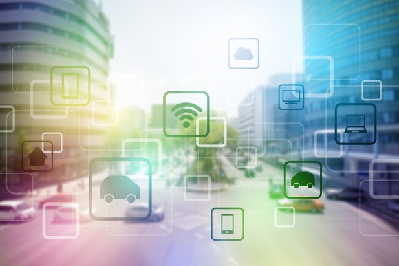 City street with icons overlaid representing Internet of Things connectivity.