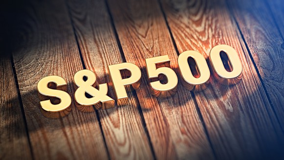 "S&P 500" in 3-D, over planks of wood or a wood floor