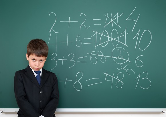 Boy standing in front of chalkboard with math equations.