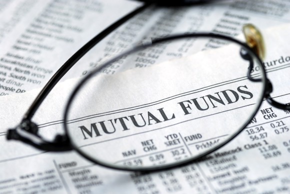 Mutual fund newspaper section with glasses.