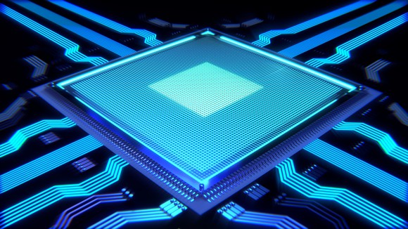 Computer processor glowing blue.