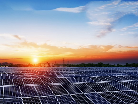 Solar panels at sunset.