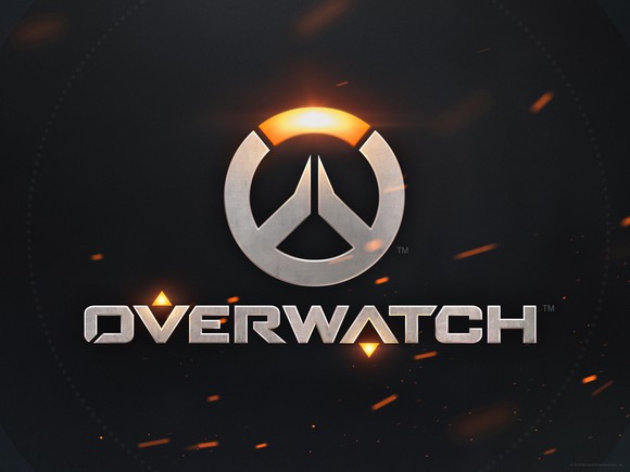 Overwatch logo with title and symbol of game in silver against a black background.
