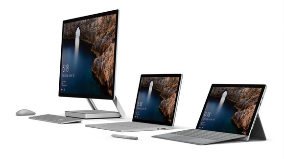 Microsoft's Surface family of products, including the Surface Studio, Surface Book, and Surface Pro.