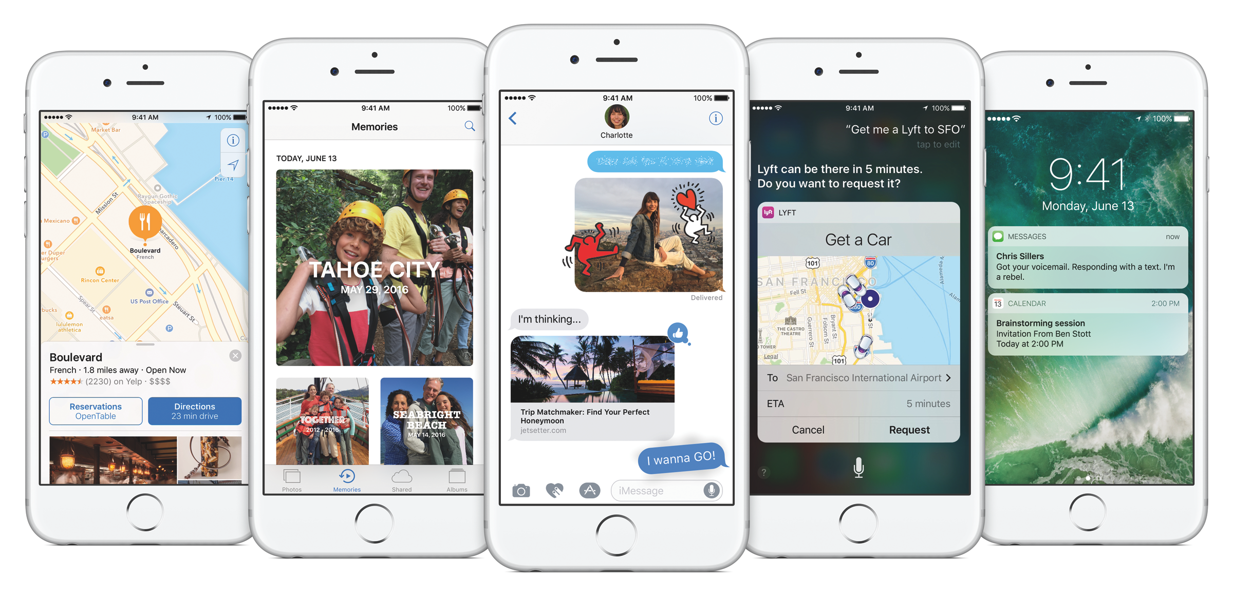 Various images appear on the screens of five iPhones.