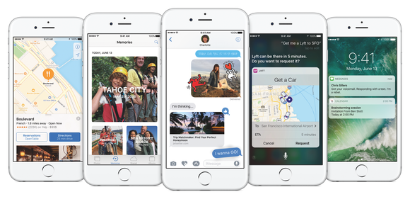 Various images appear on the screens of five iPhones.