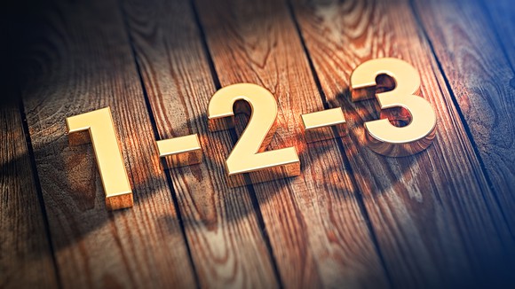 The numbers 1, 2, and 3 laid out on a wooden surface.