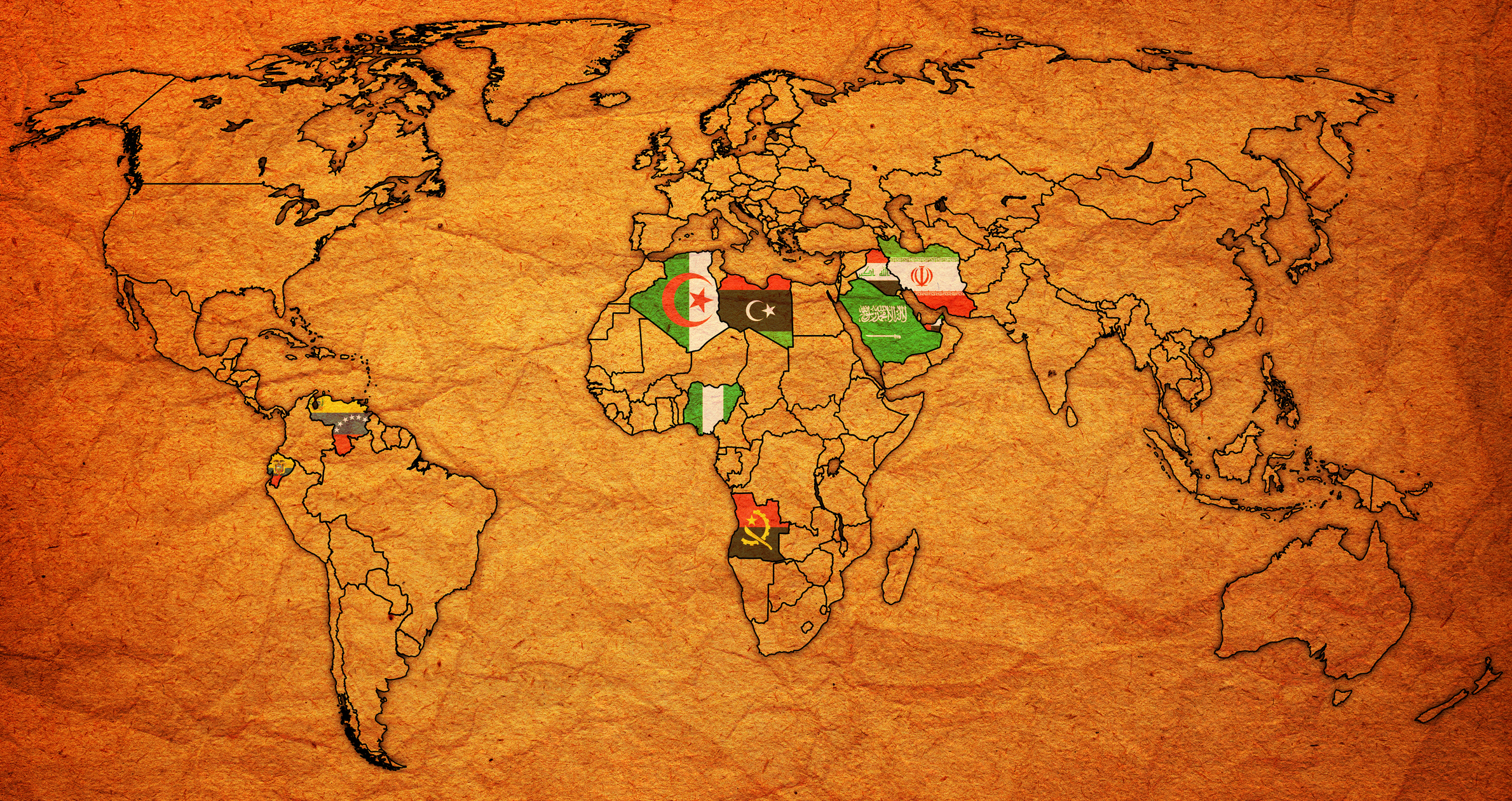 Organization of the Petroleum Exporting Countries on world map with national borders.