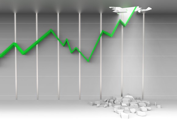 Chart arrow rises, breaking through a ceiling.