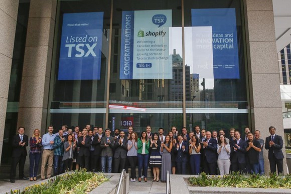 Shopify employees outside Toronto Stock Exchange on IPO day.