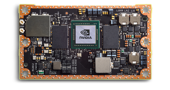 A side view of circuit board of NVIDIA's Jetson GPU.