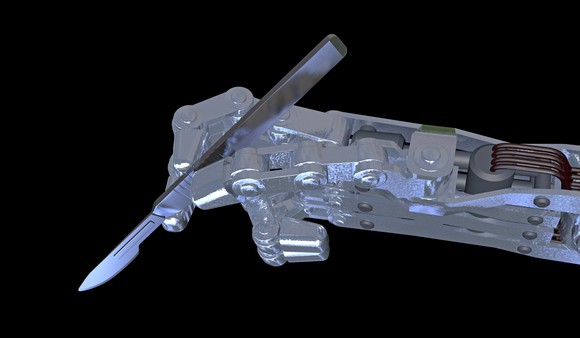 A rendering of a robot hand holding a scalpel.
