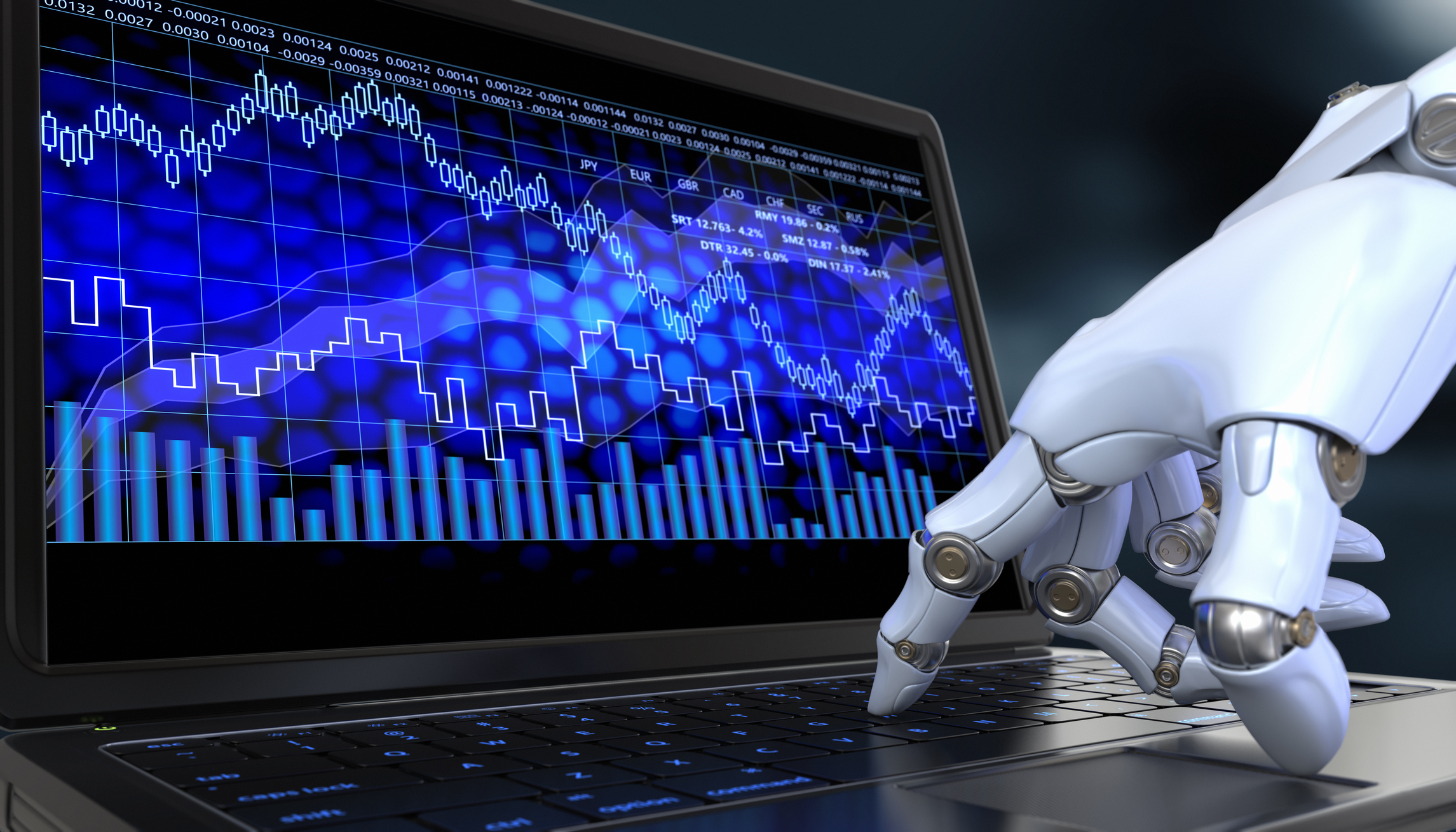A robotic hand points to stock charts on a computer screen.