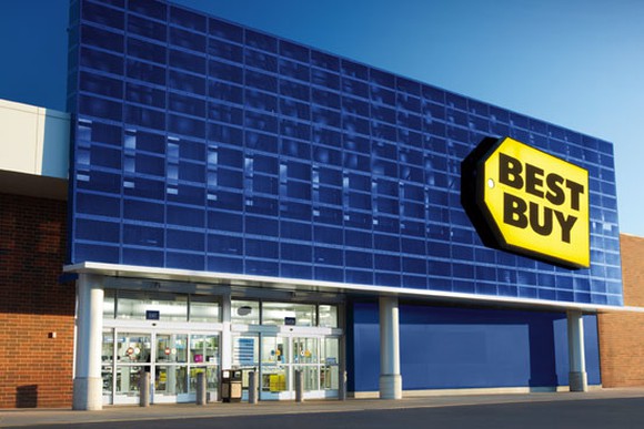A new Best Buy store with blue store front and yellow tag logo.