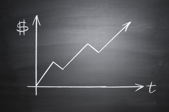 A graph showing an upward trend is drawn on a blackboard.