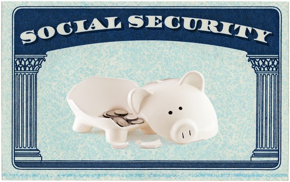 A Social Security Card with a broken piggy bank in the middle of it.