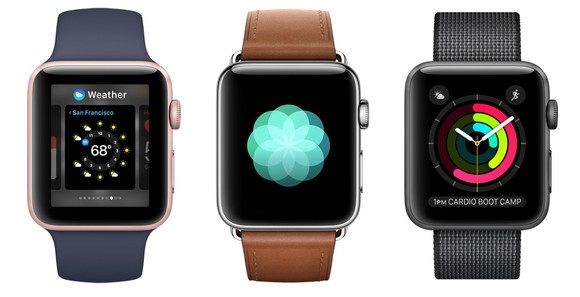 Three Apple Watches next to each other.