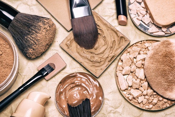 Close-up view of a variety of cosmetic products