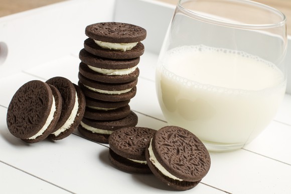 Creme-filled chocolate cookies and milk