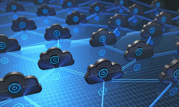 A graphical representation of computers connected in the cloud.