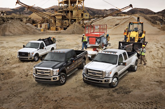 Three F-Series Super Duty trucks at a work site.