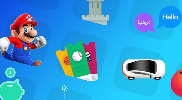 Various Apple App Store icons against a blue background.