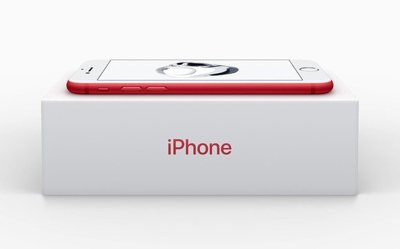 Apple's iPhone 7 in red on top of a box.