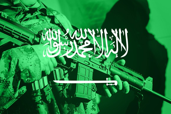 Soldier with rifle superimposed on Saudi flag