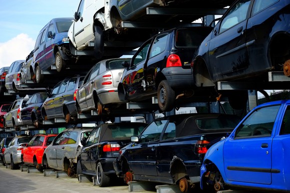 Cars are piled up on top of each other.
