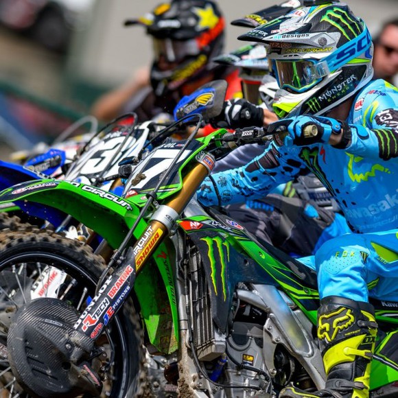 A Monster-sponsored motocross racer before an event