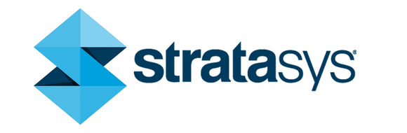 Stratasys' logo: an image that looks like both an "S" and a vertical arrow pointing up and down, with the company's name to the right of it.