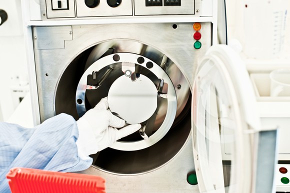 Semiconductor wafer manufactured and tested in a cleanroom.