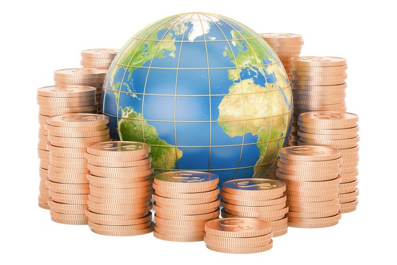 Gold coins surround a globe.