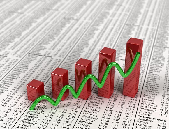 A rising chart atop a financial newspaper.