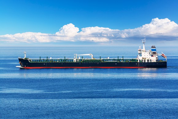 An oil and chemicals transport ship on the sea.