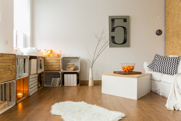 Cozy studio apartment decorated with minimalist furnishings.