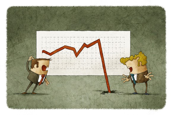Cartoon of stock chart falling through floor