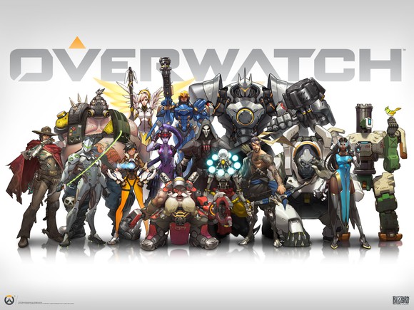 "Overwatch" artwork depicting all characters standing together with "Overwatch" title in grey in the background.