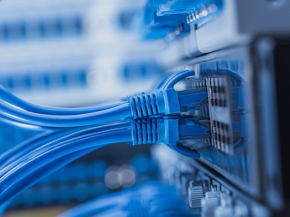 Up close picture of networking cables.